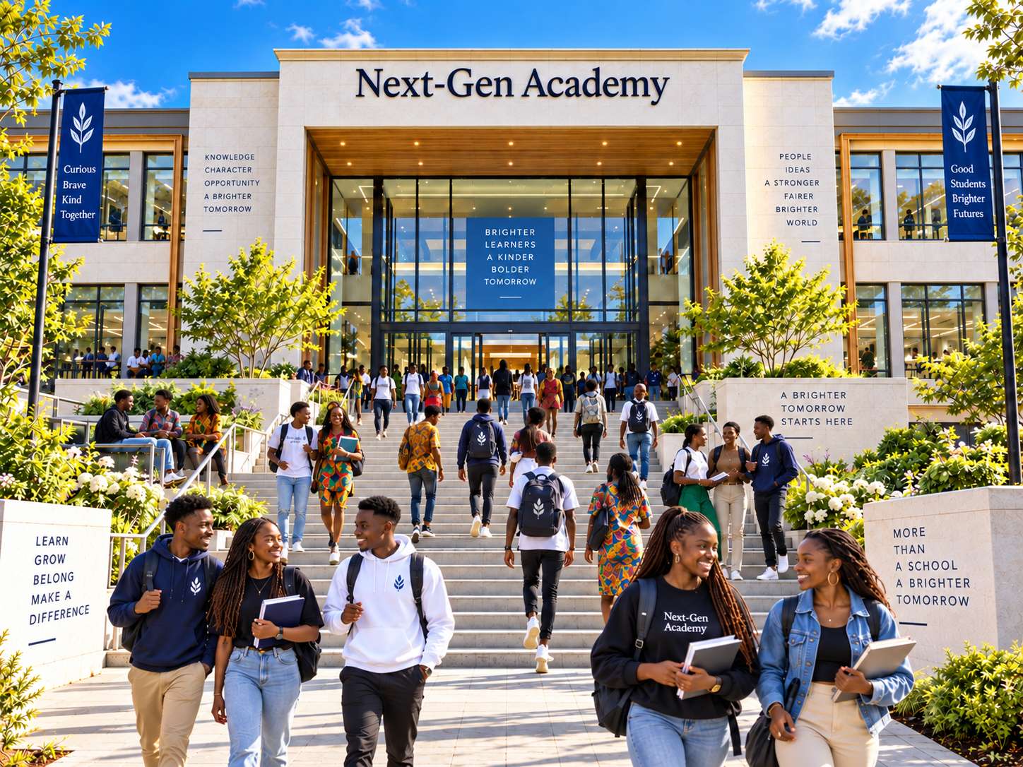 Students ascending and descending the wide steps of the Next-Gen Academy building